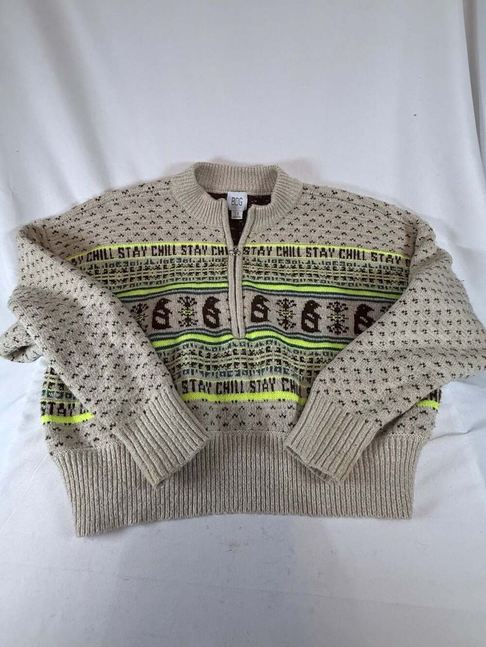 BDG Jesse Half Zip Sweater Size L Neutral Penguin Fair Isle Knit Y2K Gorpcore Co